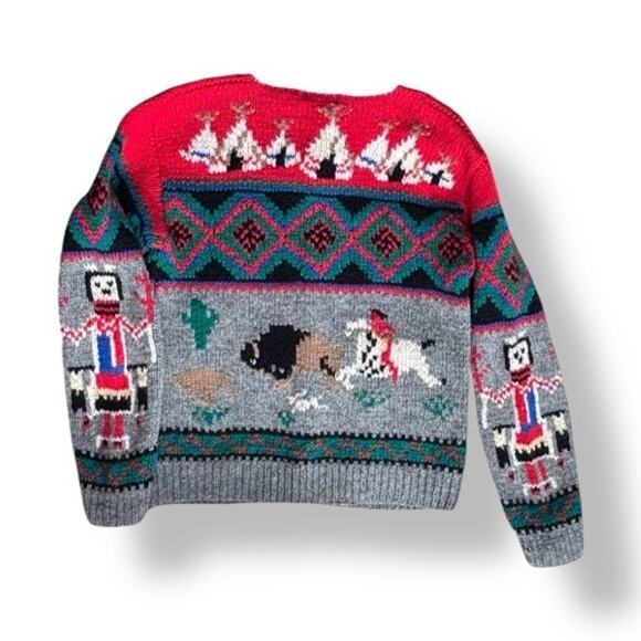 Vintage Skyr Knit Shetland Wool Sweater Native Art Buffalo Horse Rider Teepees - Picture 2 of 13